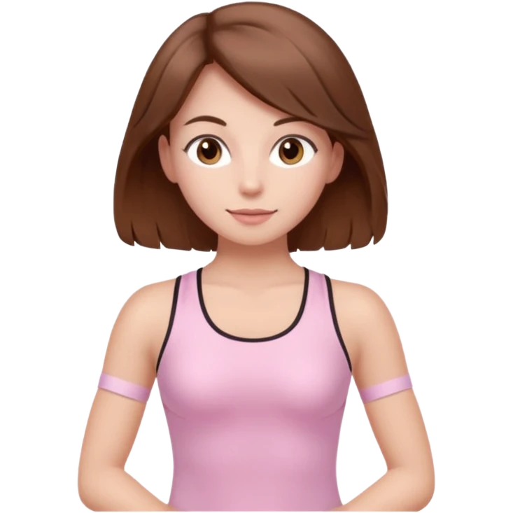 brown hair girl wearing light pink pilates clothes, fluffy medium hair and brown eyes emoji