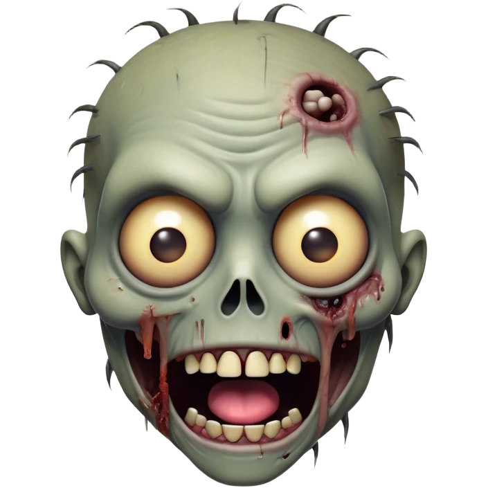 Cinematic Comical Zombie Portrait Emoji, with a grotesquely exaggerated yet playful decaying face in muted ashen tones, head cocked in a dramatically shocked expression with wildly comical, googly eyes and a gaping, silly grin revealing quirky stitches, simplified yet hilariously expressive, highly detailed with a soft eerie glowing outline capturing the absurd humor of a zombie in comic disbelief! emoji
