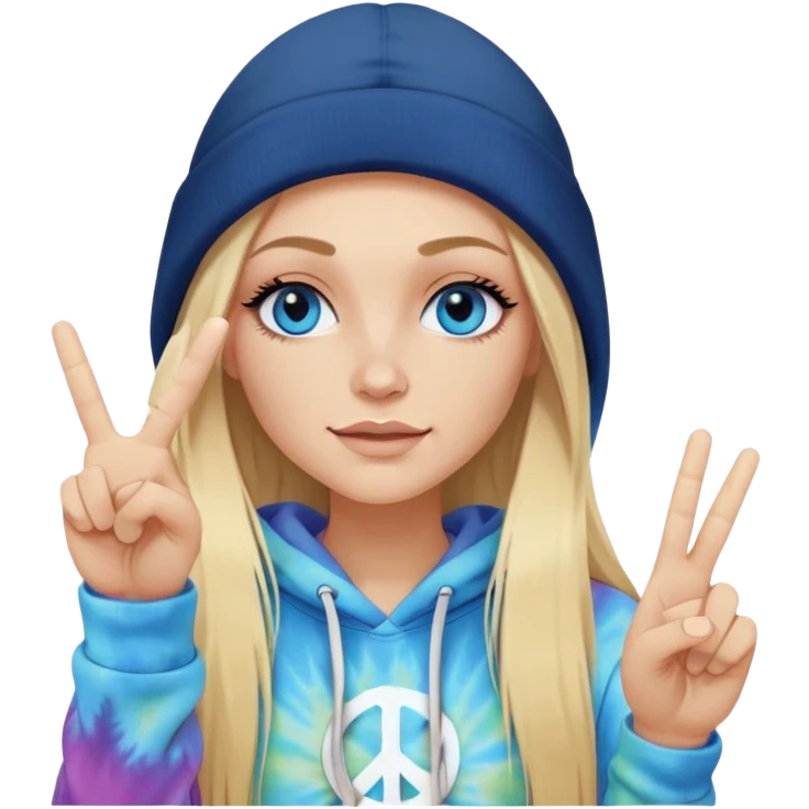 White woman with long blonde straight hair and blue eyes with long eyelashes and tiedye hoodie. i would like for her to be doing a peace sign with one hand. i want her to be wearing a black beanie. emoji