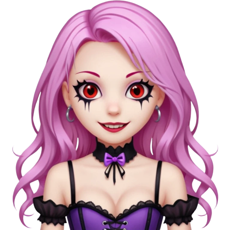 pretty scary girl, long straight LIGHT pink HAIR,SCARY RED eyes, black eyeliner, pale skin, purple corset clothes with laces, AND WITH A GRIN SMILE  emoji
