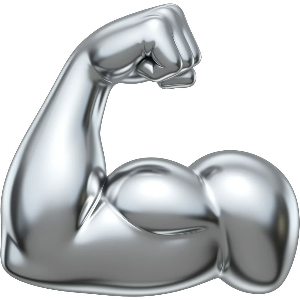 Take the 💪 flexed bicep emoji and recreate it as a 3D chrome metallic icon.  Liquid silver material, glossy reflections, black and white only,  dramatic studio lighting, white background,  ultra sharp render, 512x512px, no text,  same shape and silhouette as the original emoji emoji
