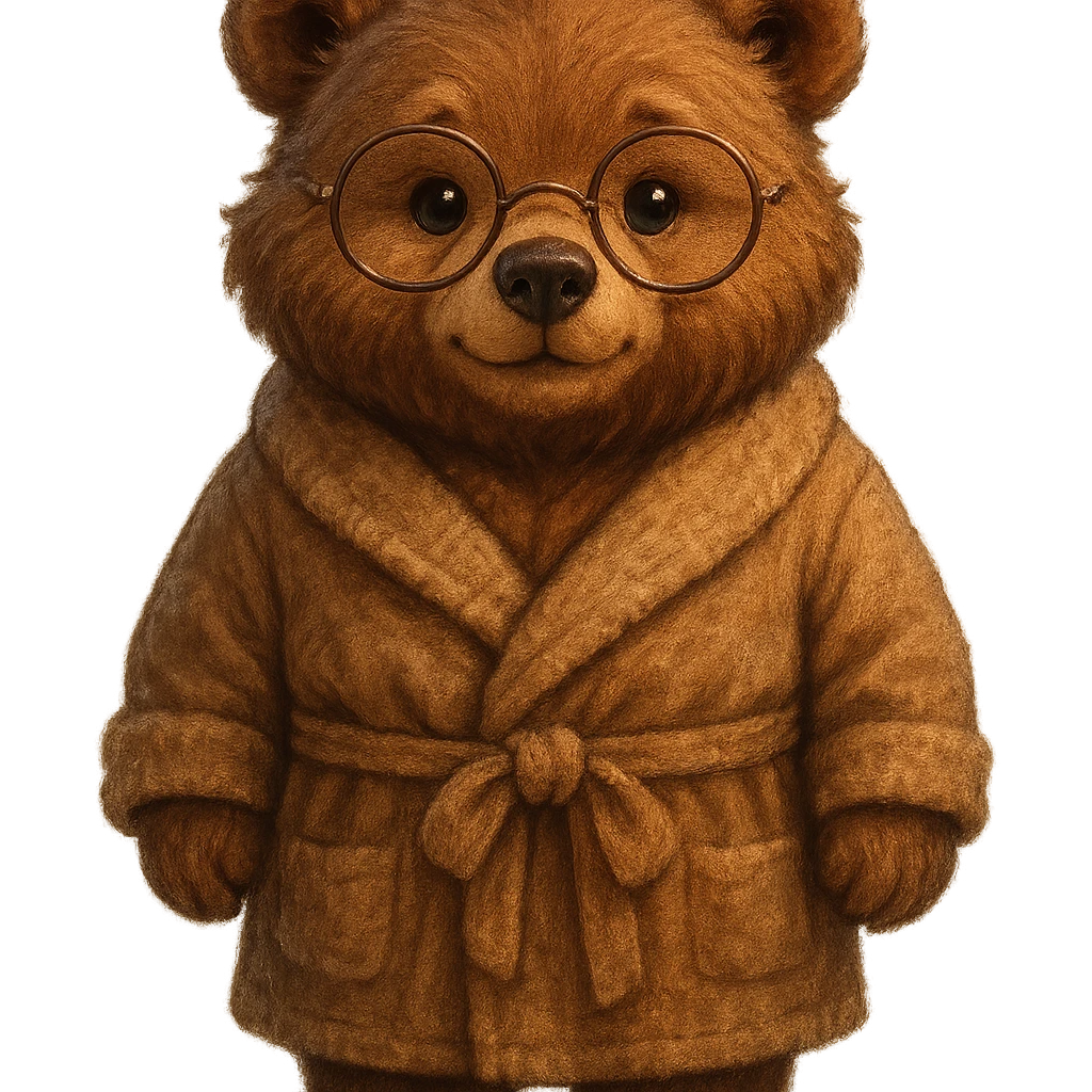 A cute anthropomorphic bear wearing round glasses and a cozy bathrobe, full front view, detailed, semi-realistic style, warm atmosphere. emoji