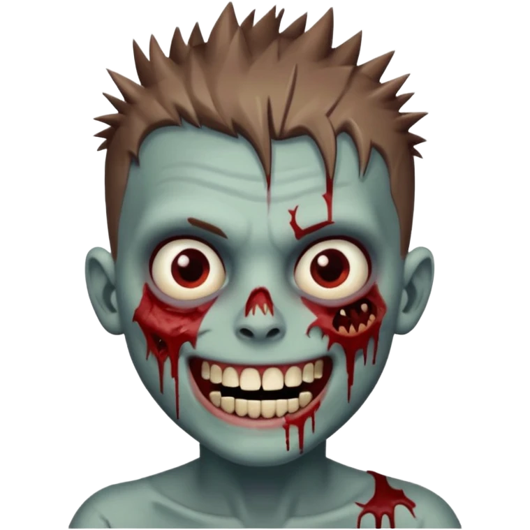 zombie boy with brown short spiky hair, white skin, and white eyes; an open smile, and bloodied teeth; emoji