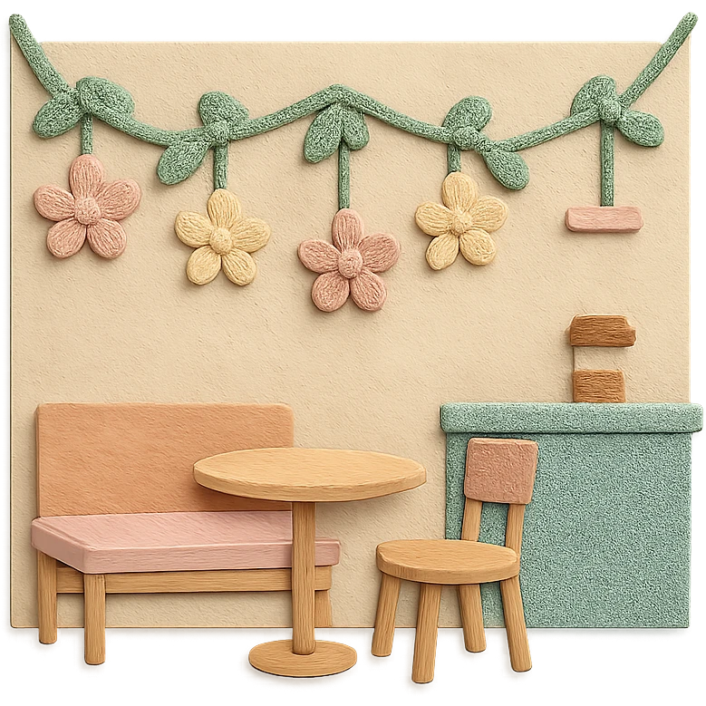 wall floral garland in a cozy café, soft pastel colors, paper craft style emoji