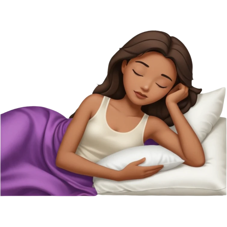 sleeping beauty african american woman with dark brown hair with a white silk pillow, she is sleeping on her side, she is wearing a white tank top emoji