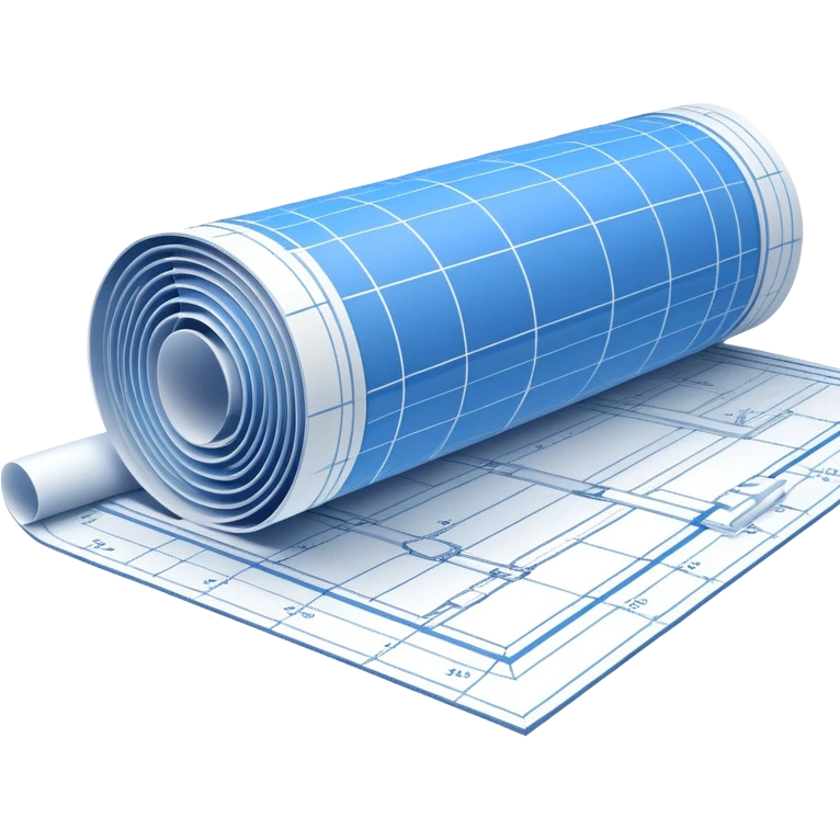 side perspective of a blue rolled-up blueprint plan with white lines emoji