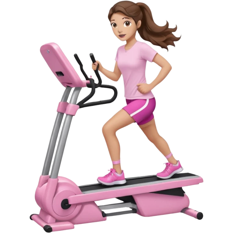 girl with wavy long ponytail brown hair, brown eyes, light to medium complexion, long lashes, light pink lipstick, wearing light pink shirt, on a stairstepper workout machine emoji