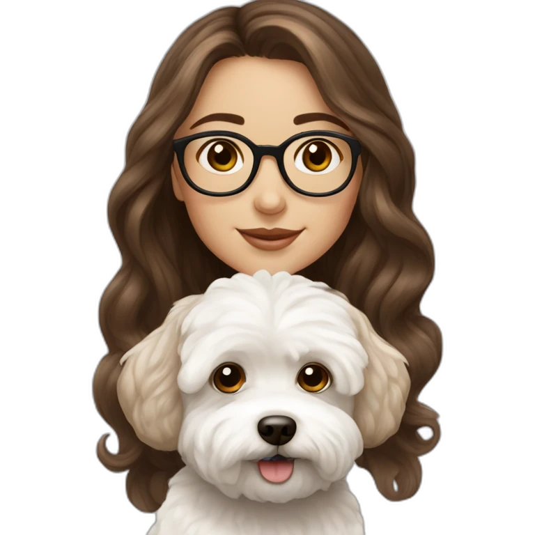 Long brown hair, eyeglassed turkish girl with white maltipoo emoji