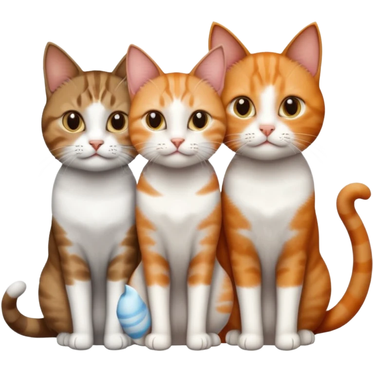 3 different coloured short haired cats including; a dark brown tabby and white cat, and a dark grey and white and a ginger and white emoji
