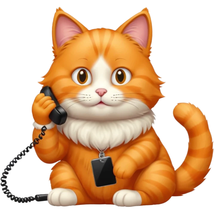 phone，The orange cat is sitting and making a phone call. emoji