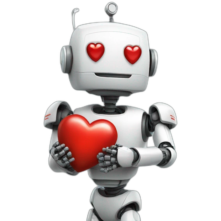 robot holding a red heart emoji