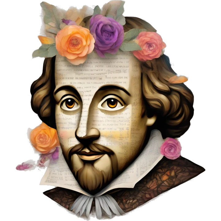 Shakespeare made of newspaper cuttings wearing flowers, stained glass, fairy lights, bokeh, annotated sketch, handwritten letters, collage of intricate patterns, lantern, bokeh, blur emoji
