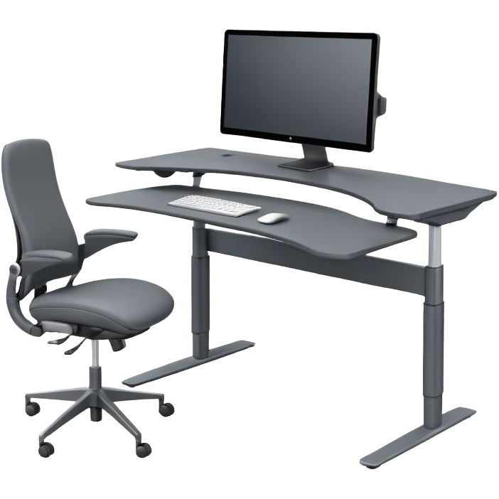 3D minimal icon of a wide height-adjustable motion desk with dual monitors and a modern ergonomic office chair, with a subtle accent in #FF3D00. Clean and high-end style. emoji