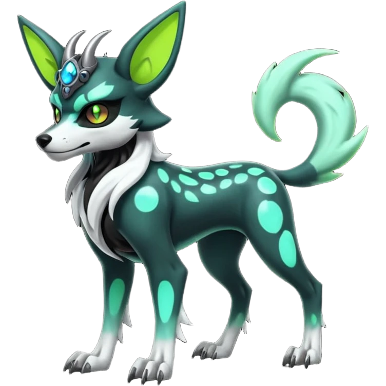 Hyper realistic slim horned skeletal black and neon green futuristic shiny colorful bioluminescent cyber-Poochyena-Lycanroc-Zorua-Litten-Houndoom-Fakémon-Pokémon-Digimon-hybrid-fusion (full body) with a skull face emoji