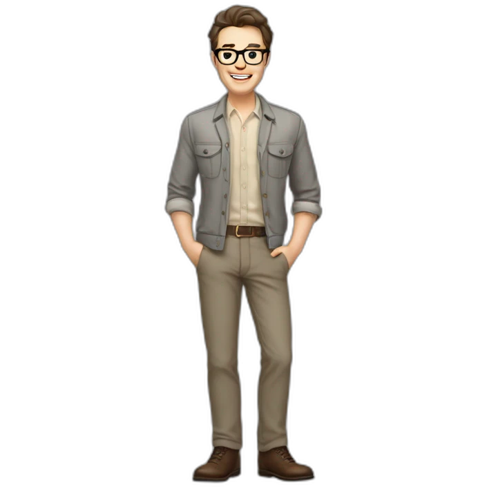 Joyful Full height Pale skinned Fit Man With dark brown hair in gray jacket, beige office shirt, Brown pants and vintage glasses. His thrumbs up emoji