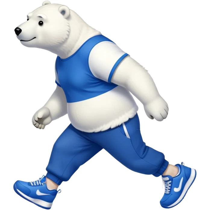 strong-looking friendly anthropomorphised polar bear walking with a confident stride, wearing a royal blue t-shirt, black pants, and trainers emoji