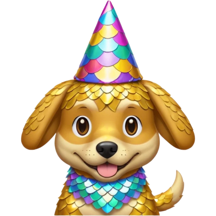 dog covered in shiny scales, wearing a party hat, emoji style emoji
