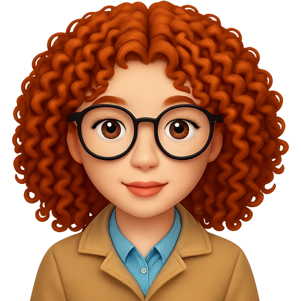 Add glasses to the freckled woman with curly hair in emoji style. Remove the background. emoji