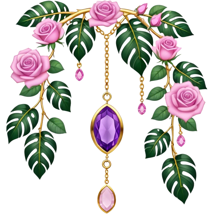 Hanging suncatcher, gold chains with shiny sparkly amethyst and rose-quartz gemstones, roses, beautiful tropical leaves, gorgeous aesthetics emoji