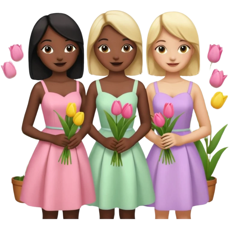 5 girls at a garden party wearing pastel dresses and holding tulips, one is black one is blond, one is asian, one is latina emoji