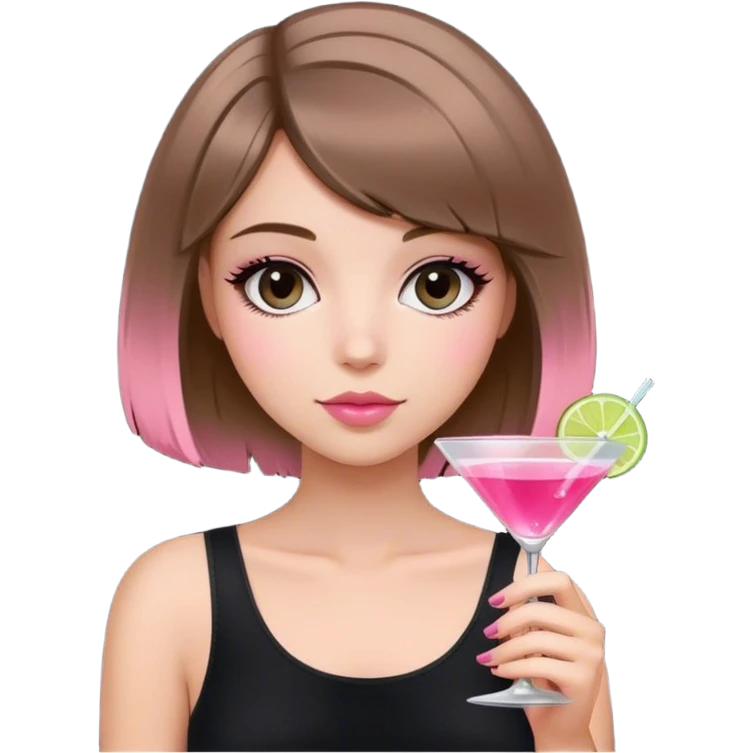 light brunette hair down bob girl black top holding a pink cosmo emoji