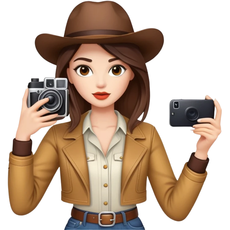 Western female fashion model posing with camera taking selfie, stylish outfit emoji