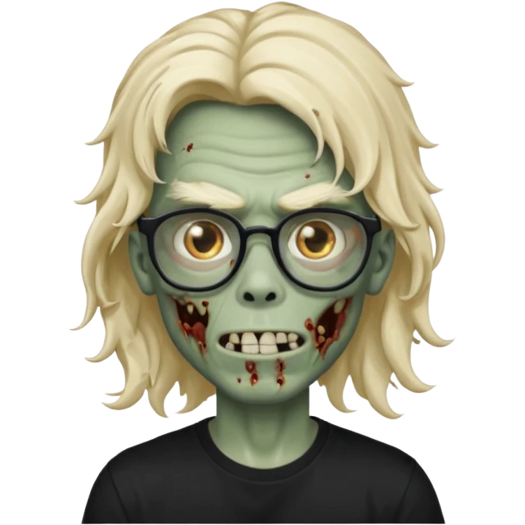 A zombie boy with long, wavy, falling hair, non-oval glasses, and a black t-shirt. emoji
