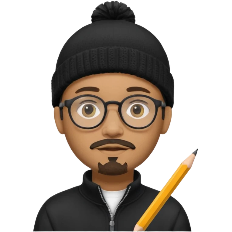 A creative young man with a pencil, glasses and a beanie. He holds a pen in his hand. He has a slight moustache and bit of a beard. He's a lightskin black man. He wears a black quarterzip jumper emoji