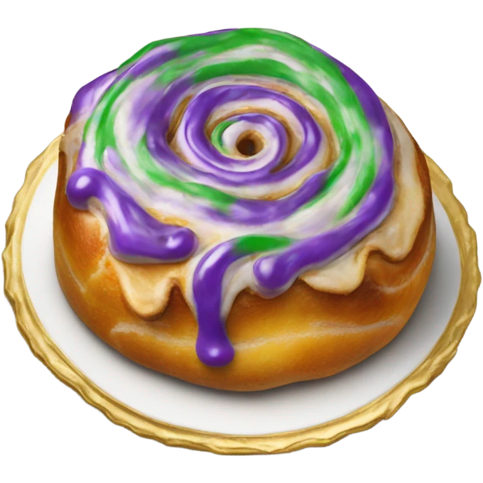 Realistic cinnamon roll king cake with gold, green and purple icing  emoji