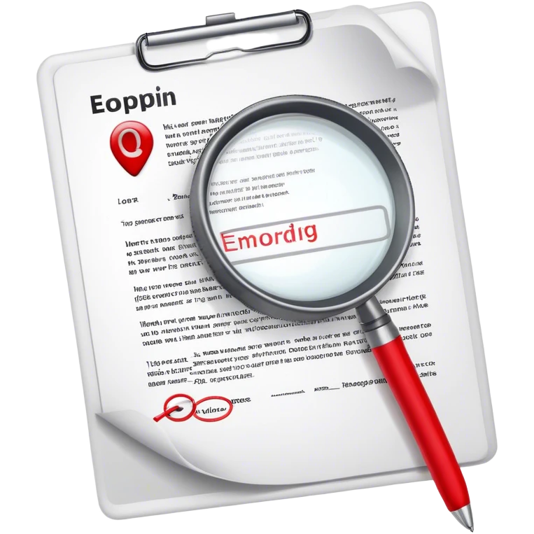 Create an emoji representing editing and proofreading. The design should feature an open document or manuscript with visible text and proofreading marks (such as red underlines or corrections). A red pen or pencil should be placed near the document, symbolizing the act of making edits. Optionally, include a magnifying glass to represent careful review. Use neutral and professional colors like white, black, and red accents to highlight the editing process. Do not include any emojis or smiley faces. Make the background transparent. emoji