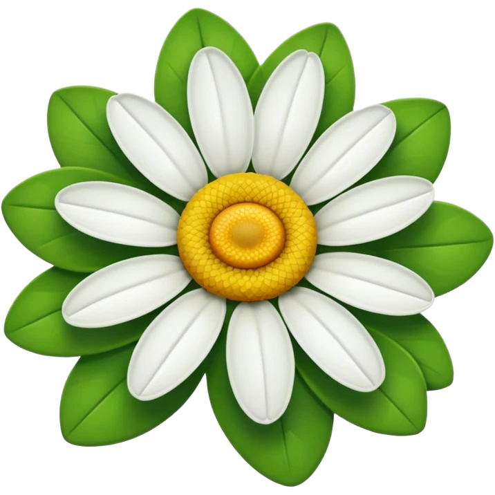 A daisy with ten petals, with green, red and white petals and a yellow centre. emoji
