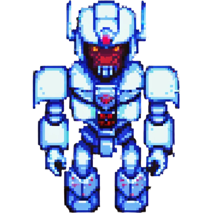 Nemesis Prime robotic villain, pixel art style, dark color palette, glowing red eyes, blocky pixelated design emoji
