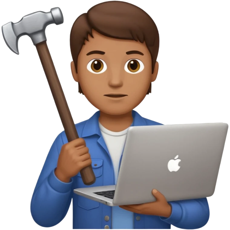 Brown haired man holding a laptop computer in one hand and a hammer in the other hand  emoji