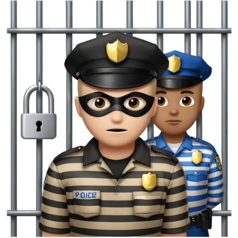 emoji of a cartoon thief in a striped mask behind metal bars with a lock and police officer nearby, chains draped across the bars emoji