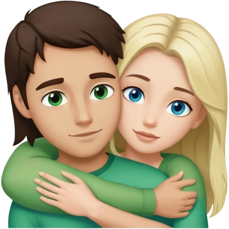 A beautiful brunette girl with greens hugs a blond guy with blue eyes emoji