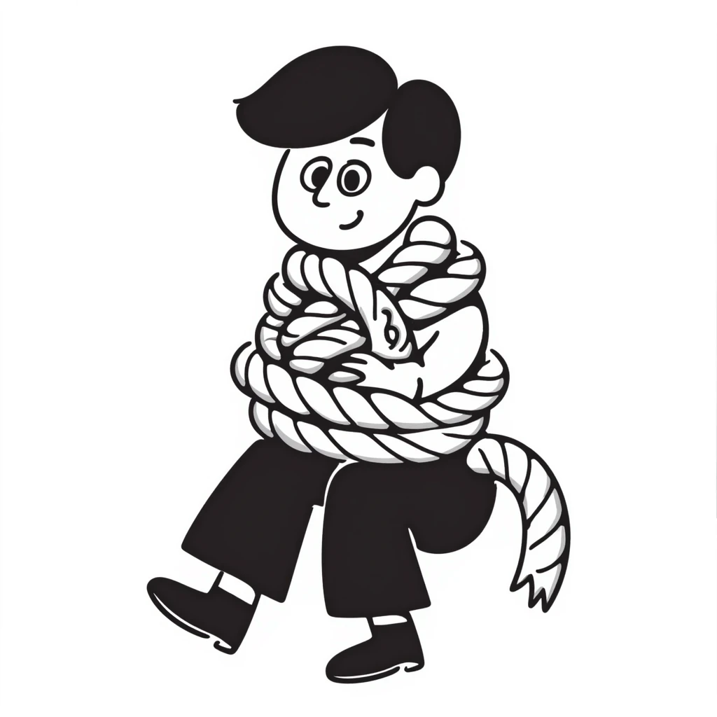 A person humorously tied up and tangled in rope with a silly expression, drawn in a lighthearted way emoji