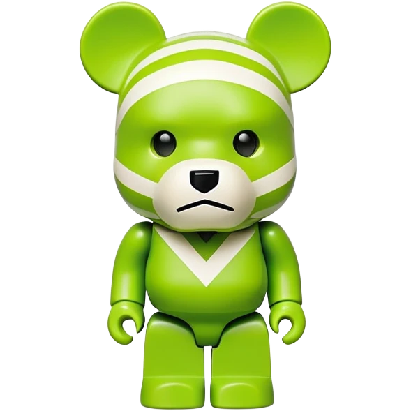 authentic bearbrick figure with geometric bear head, lime green mask with Off-White diagonal stripes logo, distinct eyebrows, collectible toy emoji