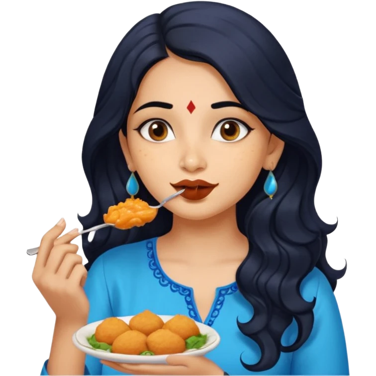 a pretty indian bratz girl with wavy long black hair. eyeliner on, wearing a blue kurti, eating vadapav emoji