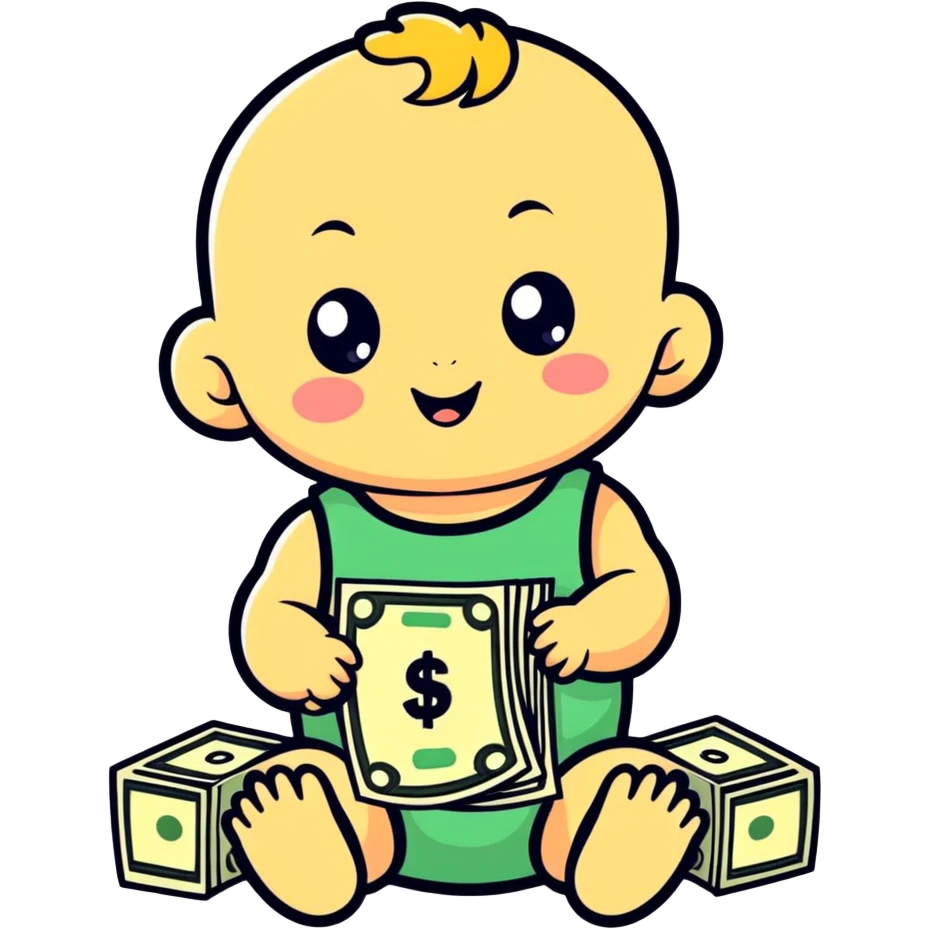 a baby with dollar signs in its eyes, cartoonish sticker style emoji