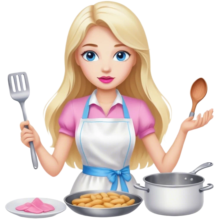 Cinematic realistic beautiful blonde with long hair, blue eyes and pink lips in a white dress cooks emoji