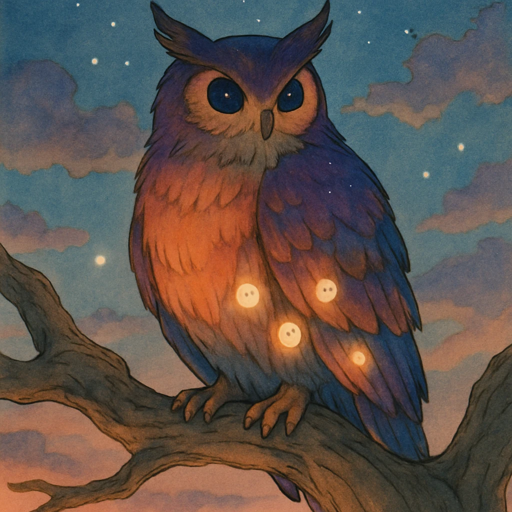 A majestic owl spirit companion perched on an ancient branch, with feathers that shimmer with colors of dusk, eyes that reflect the night sky with stars, small glowing spirit orbs nested in its wings emoji