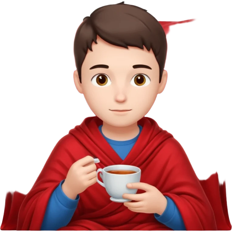 a European boy is sitting in a red blanket, drinking tea emoji