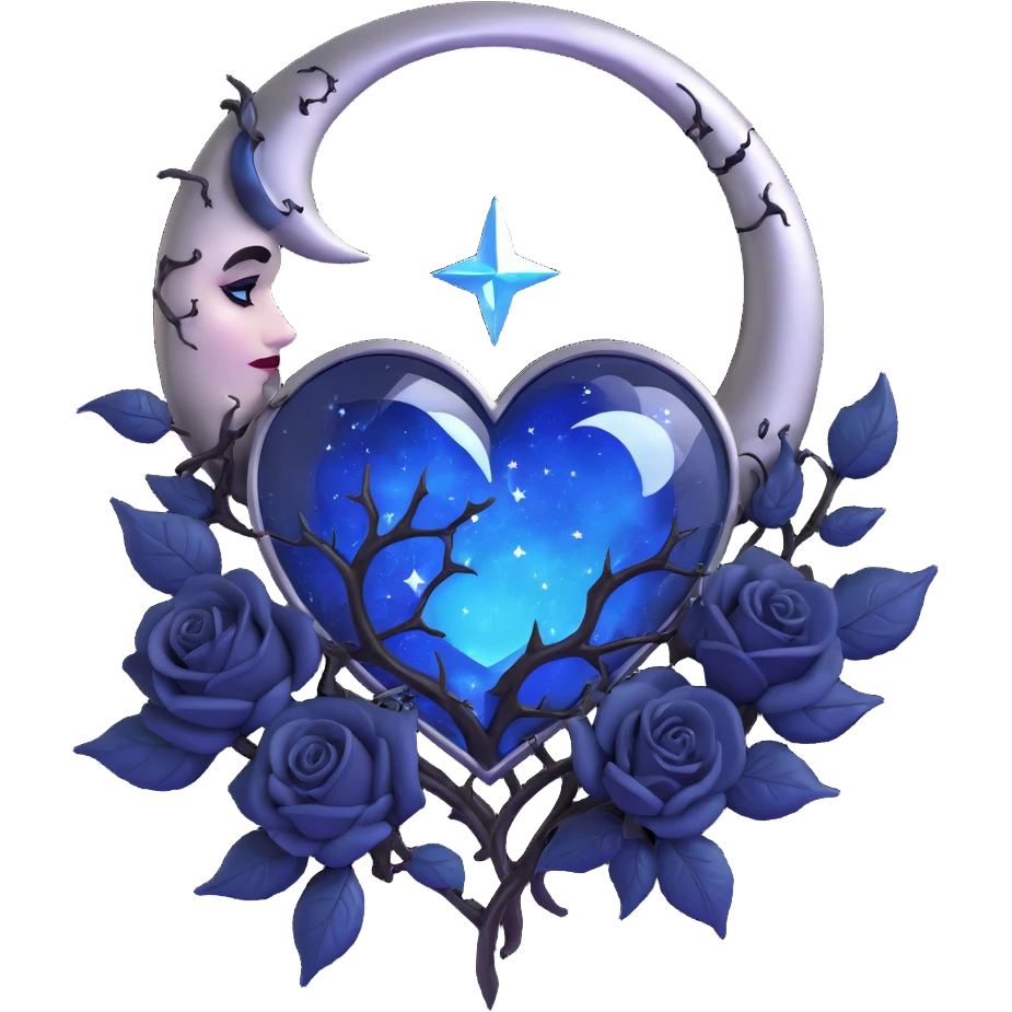 gothic heart, midnight blue glass, silver crescent moon, black roses, stardust, lightning, rain, cracked glass, neon style emoji