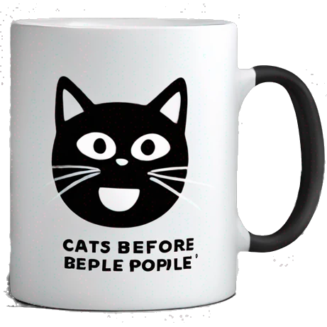 Black coffee mug with writing in white that says cats before people emoji
