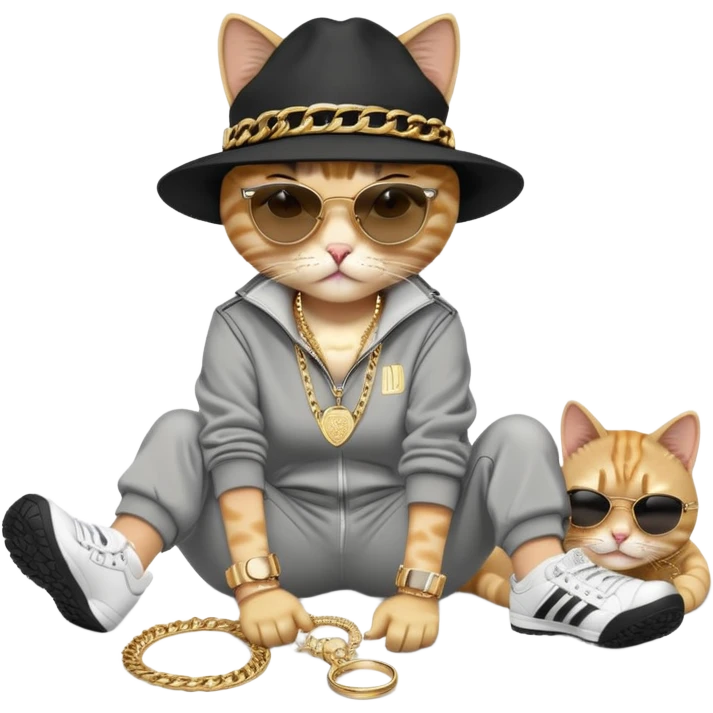 female cat dressed like Run DMC in tracksuit, fedora, Adidas shoes, dark sunglasses, lots of gold chains, rings, bracelets, earrings, lying on the ground after falling, worried look emoji