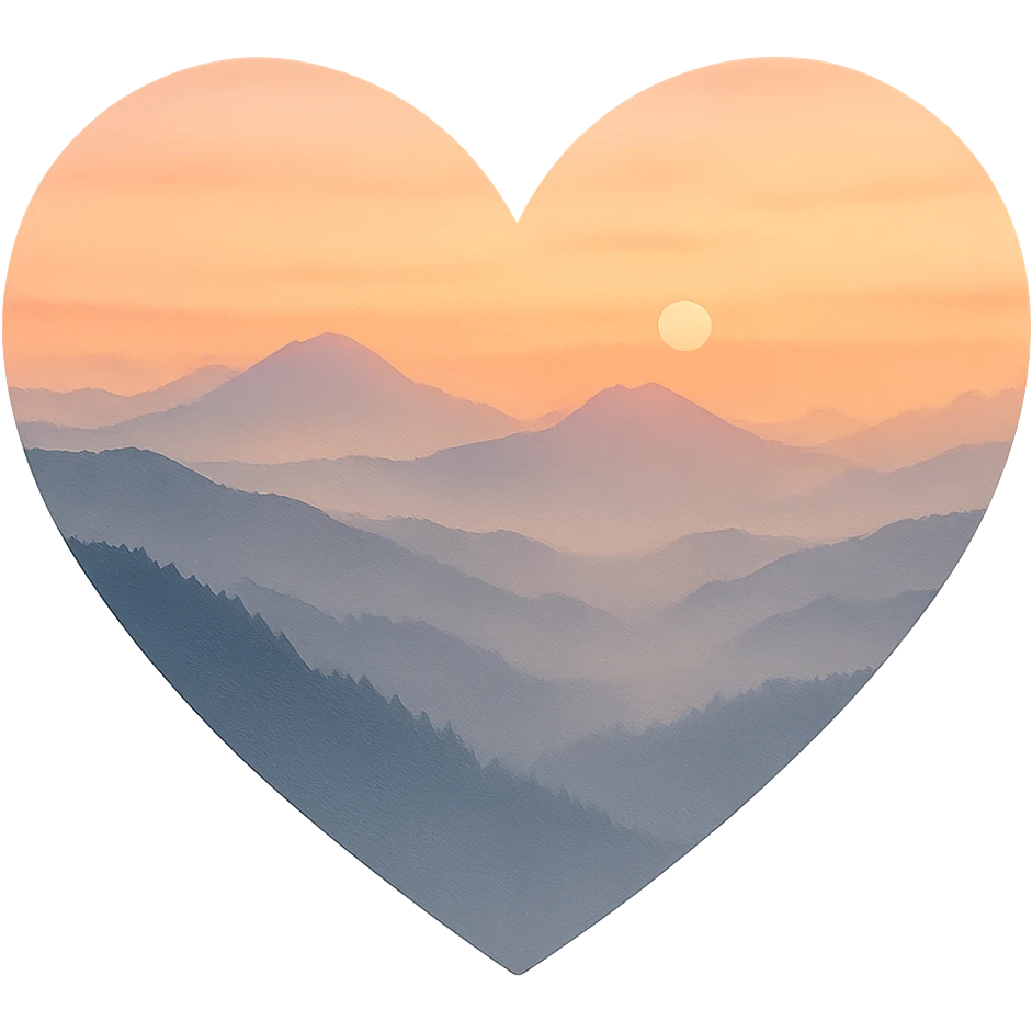 heart with a misty mountain sunrise theme, clean digital illustration emoji