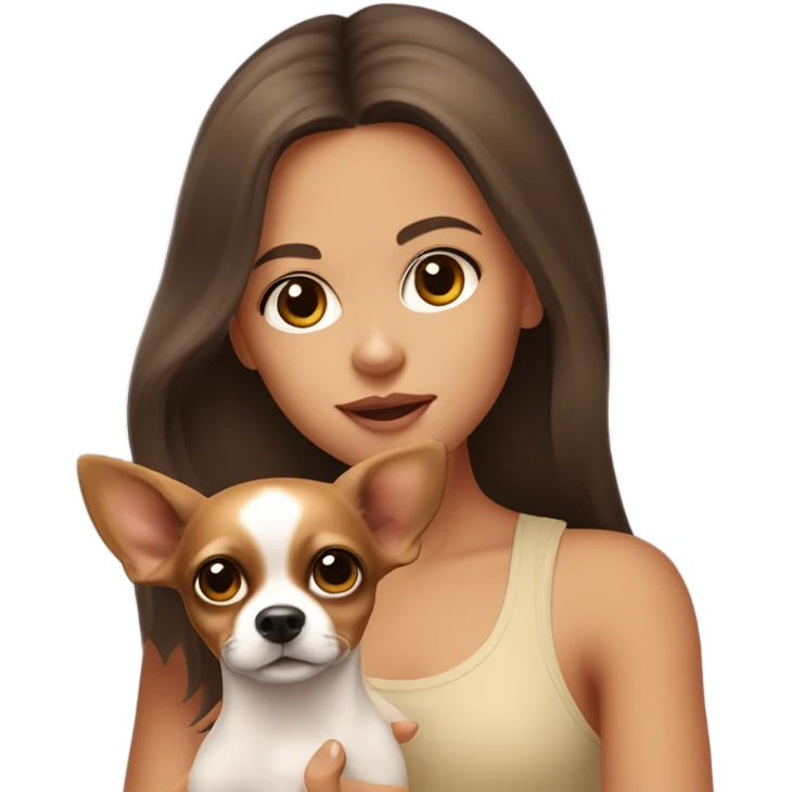 A girl with long brown hair, big brown eyes, big lips wearing a singlet top, she is holding a fawn coloured chihuahua emoji