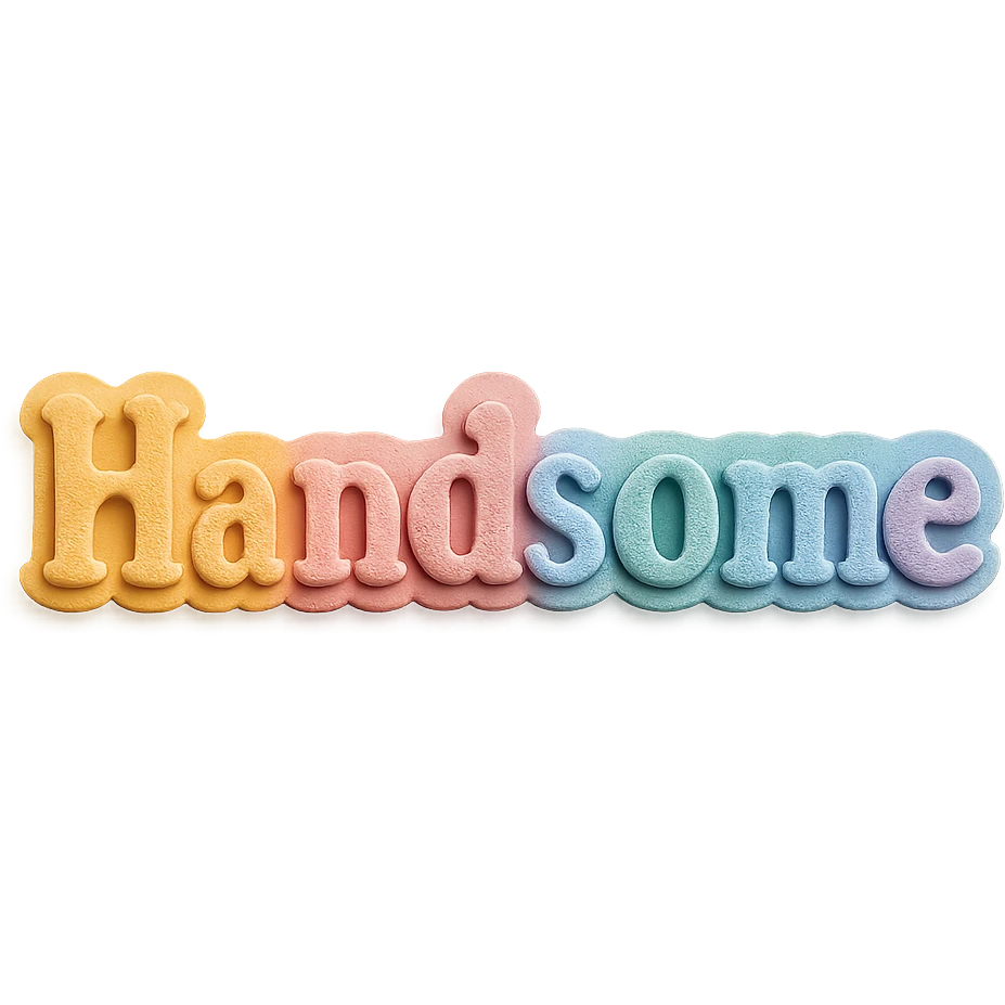 the word 'Handsome' in soft pastel rainbow colors, bold serif font, kawaii style, no outline, 3D paper-craft effect emoji