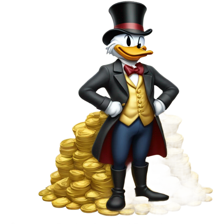 a slim successful looking scrooge mcduck standing atop a pile of money emoji