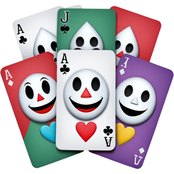 bunch of 3 poker cards, with crazy colorful human jolly jokers inside, inversed face, cuphead style emoji